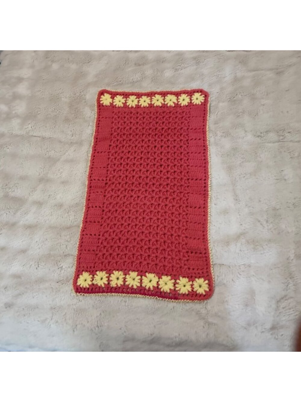 Vintage Handmade Crochet Daisy Table Runner – Rose Pink & Pale Yellow Boho Cotta